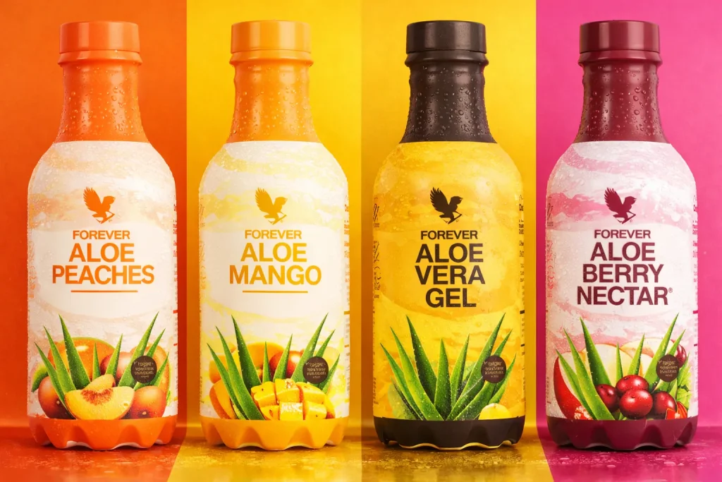 Băuturi nutritive Forever Aloe Vera: Peaches, Mango, Forever Freedom Gel și Berry Nectar