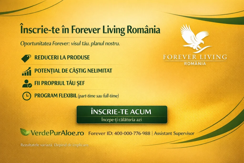 Card promoțional înscriere Forever Living România – oportunitate de colaborare prin VerdePurAloe.ro